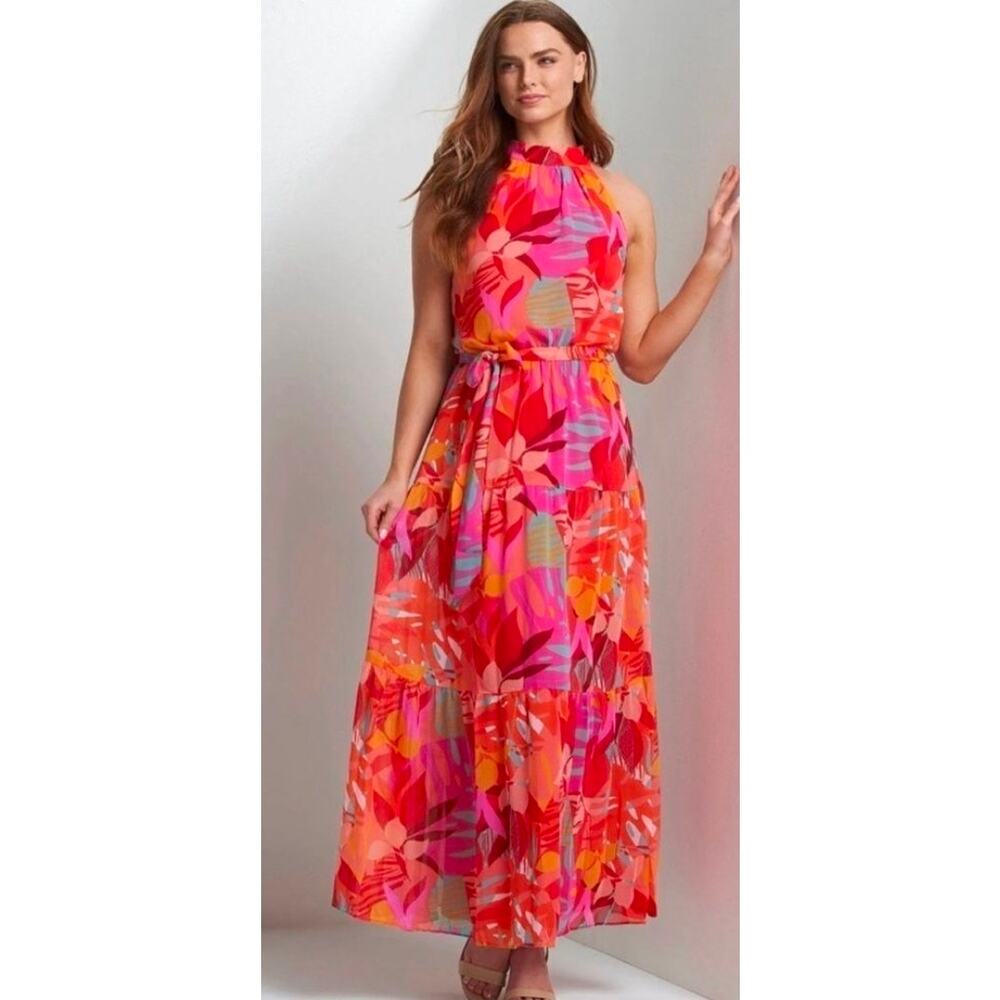 NWT Julia Jordan Tropical Floral Mock Neck Abstract Colorful Tiered Maxi 10